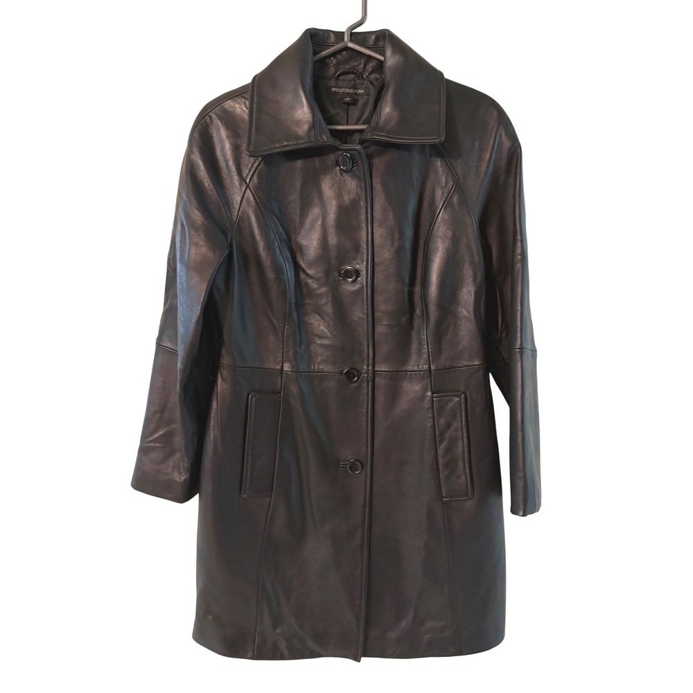 Preston & York Black Genuine Lambskin Leather Trench Coat Jacket Small Luxury